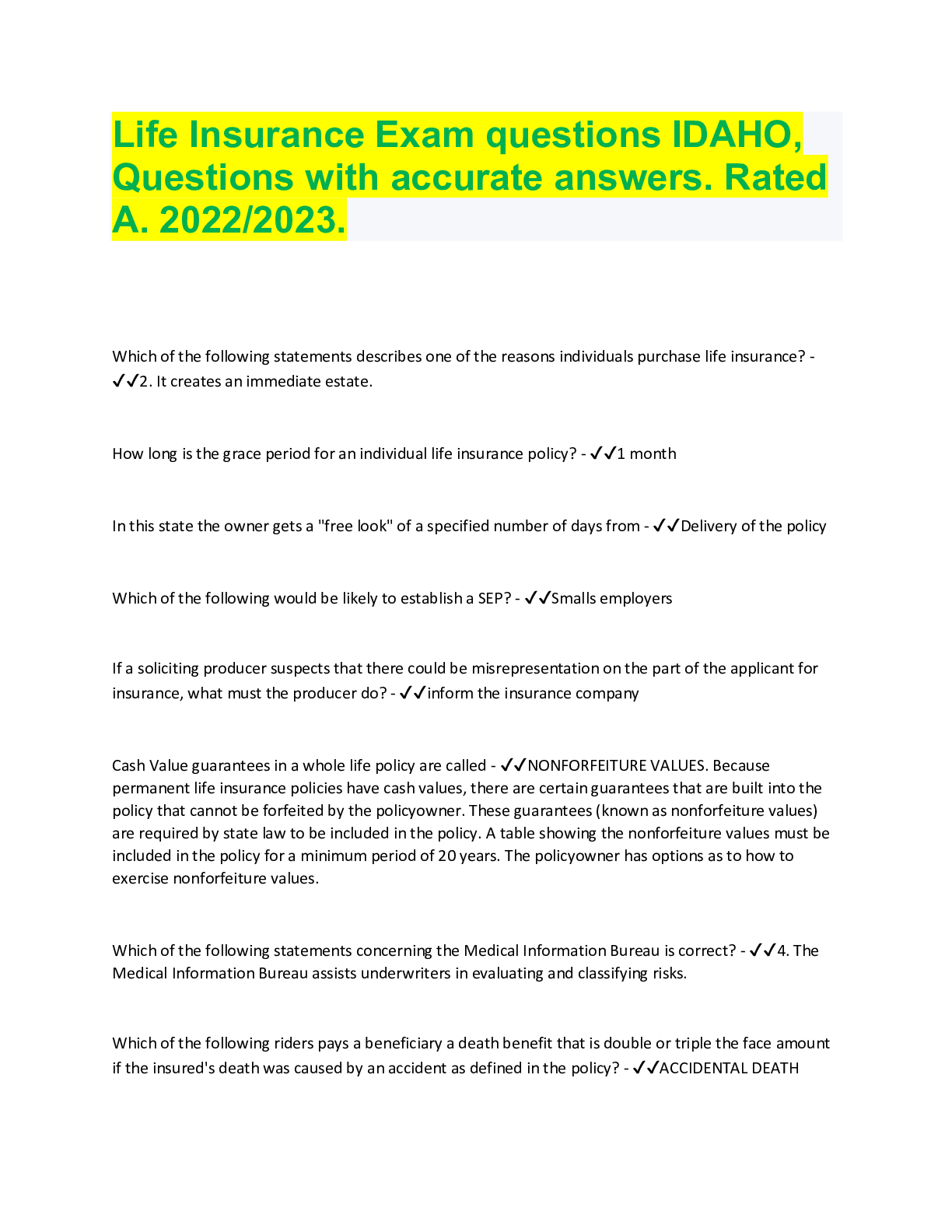 Preview image for Life Insurance Exam questions IDAHO, Questions with accurate answers. Rated A. 2022/2023.